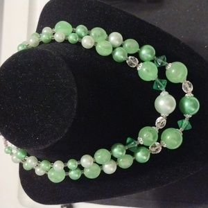 Vintage Japan Silver Tone Green Lucite Bead Necklace